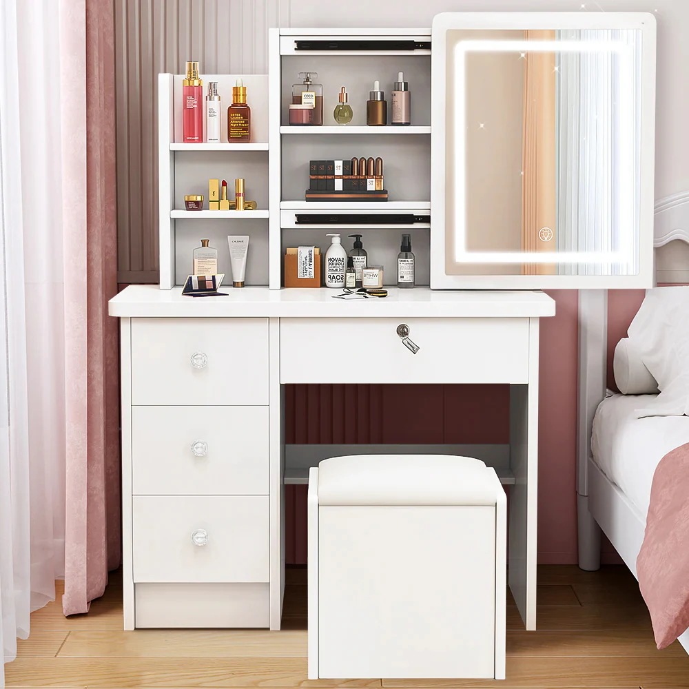 【即納】2024年新作　スライドミラー　大面鏡　LEDライト　おしゃれ テーブル 大容量収納　 化粧台