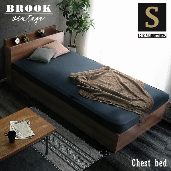 シングル ベッド ヴィンテージ調 チェストベッド 引き出し フリー 収納付 宮 棚 2口コンセント