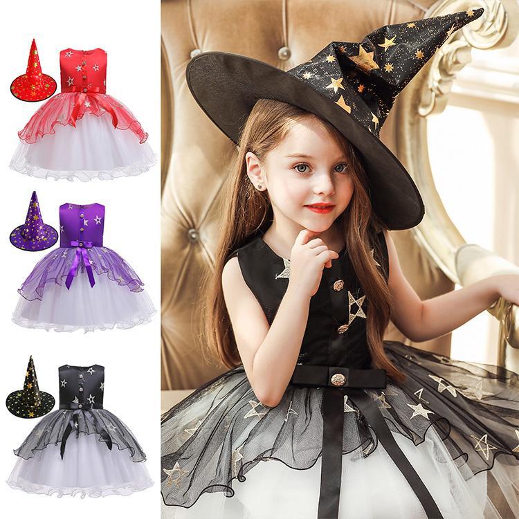 【 最安挑戦】ハロウィンドレス ウィッチ仮装 キッズ用 ワンピース 帽子 2点セット 半袖 魔女コスチューム コスプレ衣装 舞台 演出 発表会 パーティー おすすめ 人気