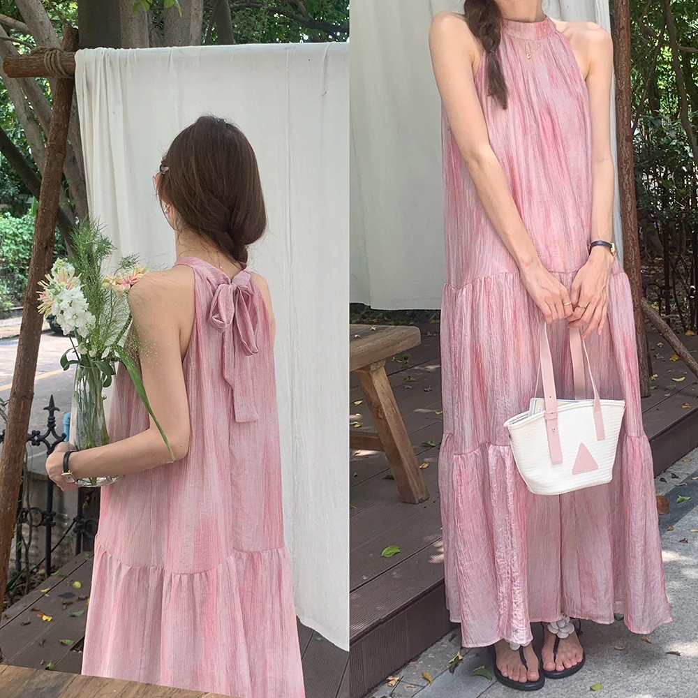 長い女性のドレスのシニア感覚の2024韓国語版 ピンクのハンギングネックホルタードレス