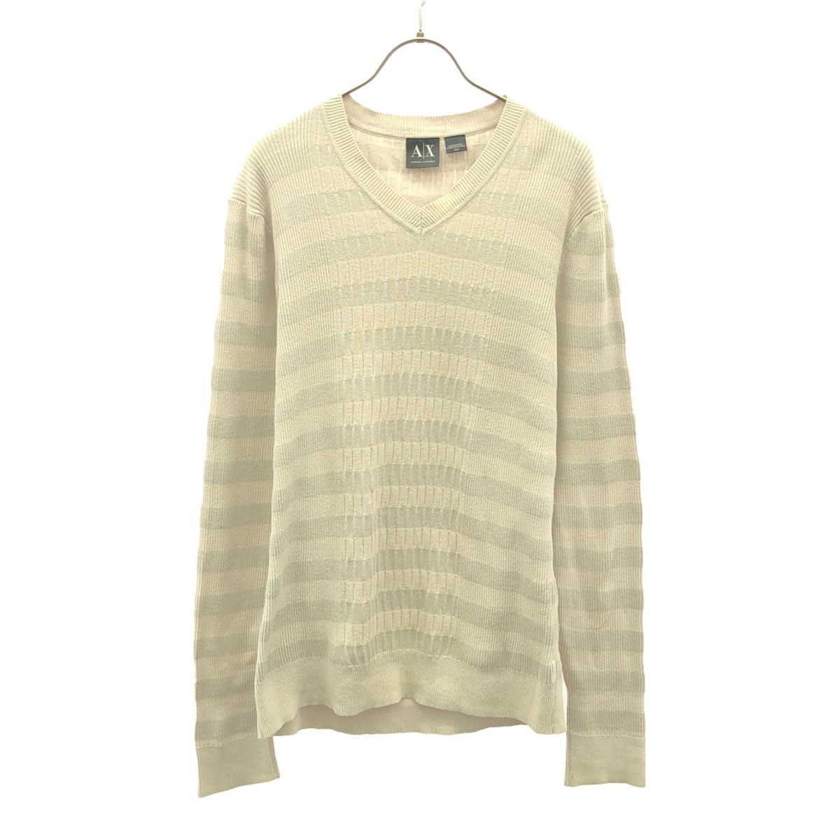 ボーダー柄 長袖 Vネック セーター M ベージュ系×グレー系 ニット レディース 古着