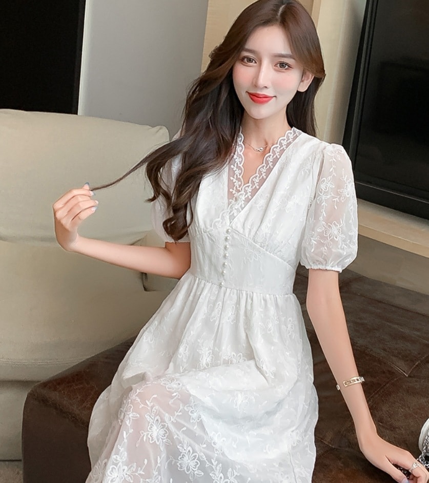 ワンピース デート レース モテアイテム フレアワンピース ミモレ丈 Vネック チュール シフォン 可愛い きれいめ 上品 おしゃれ かっこいい 可愛い ラブリー キュート ガーリー クール