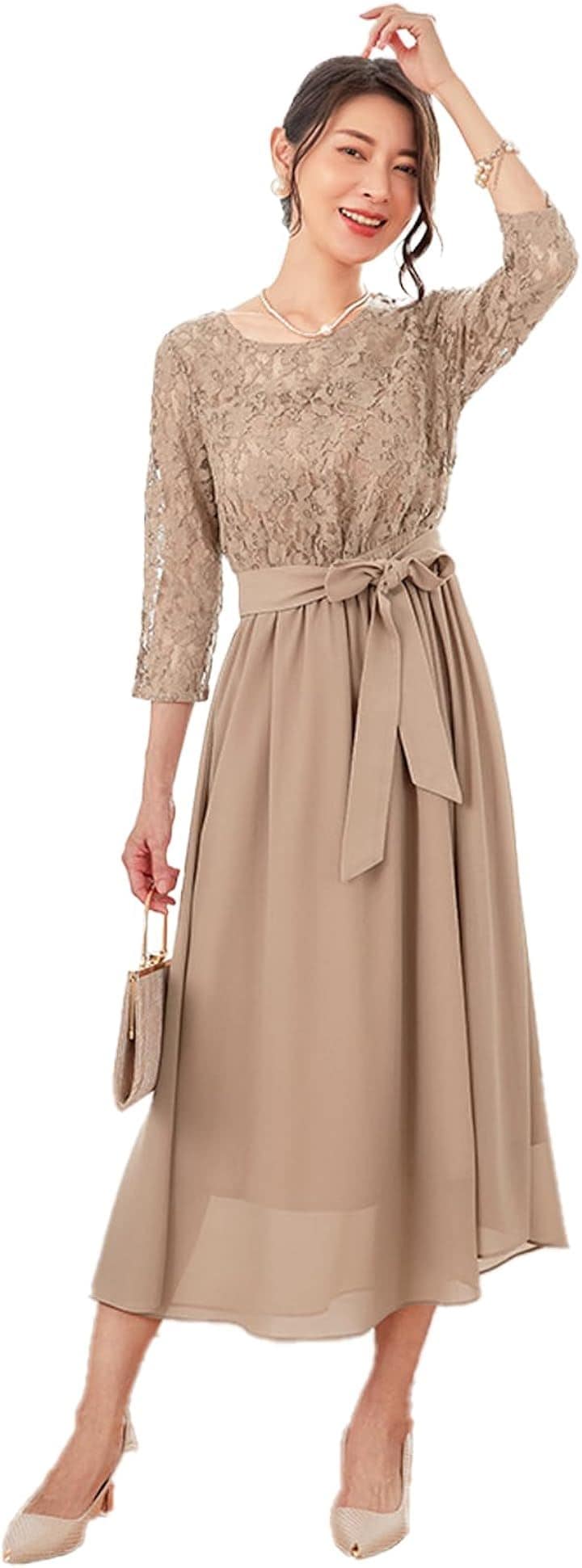 パーティードレス ワンピース 結婚式ドレス 結婚式およばれワンピース フォーマルドレス M( ベージュ, M Regular)