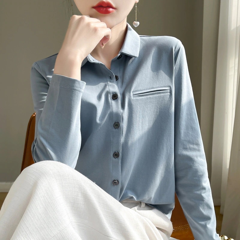 レディース ポロシャツ（ターンダウンカラー）春夏デザインゆったりフィット純綿重ね着長袖シャツカーディガンコート