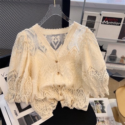 トップス シャツ ブラウス 袖あり 半袖 5分袖 Vネック 刺繍 透け感 シースルー かわいい 大人可愛い おしゃれ お洒落 レトロ エキゾチック ラブリー キュート ガーリー 春 夏 10代 20代