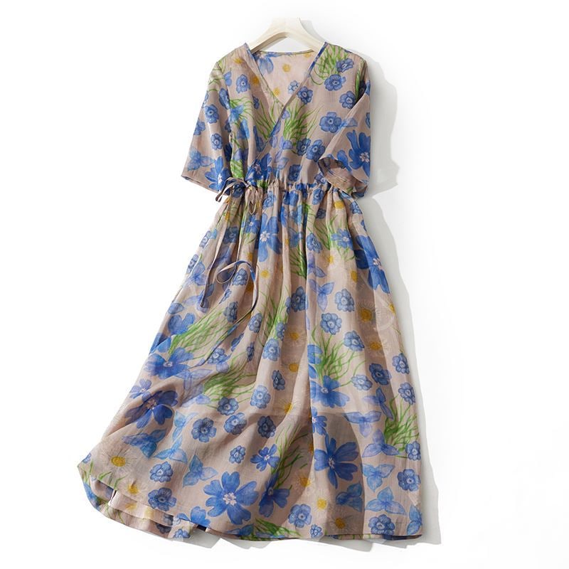 大きいサイズ 太め MM 婦人服 レディース 23 新作 洋風 ウエスト ウエスト 花柄 半袖 痩身 引き締め ロング