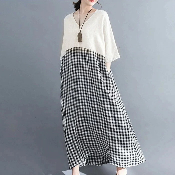 【20点セット】ワンピース レディース ロングワンピース 夏 ギンガムチェック 切り替えワンピース チェック柄 Vネック マキシ丈ワンピース フレアワンピース 着回し 大きいサイズ ゆったり ゆる リ