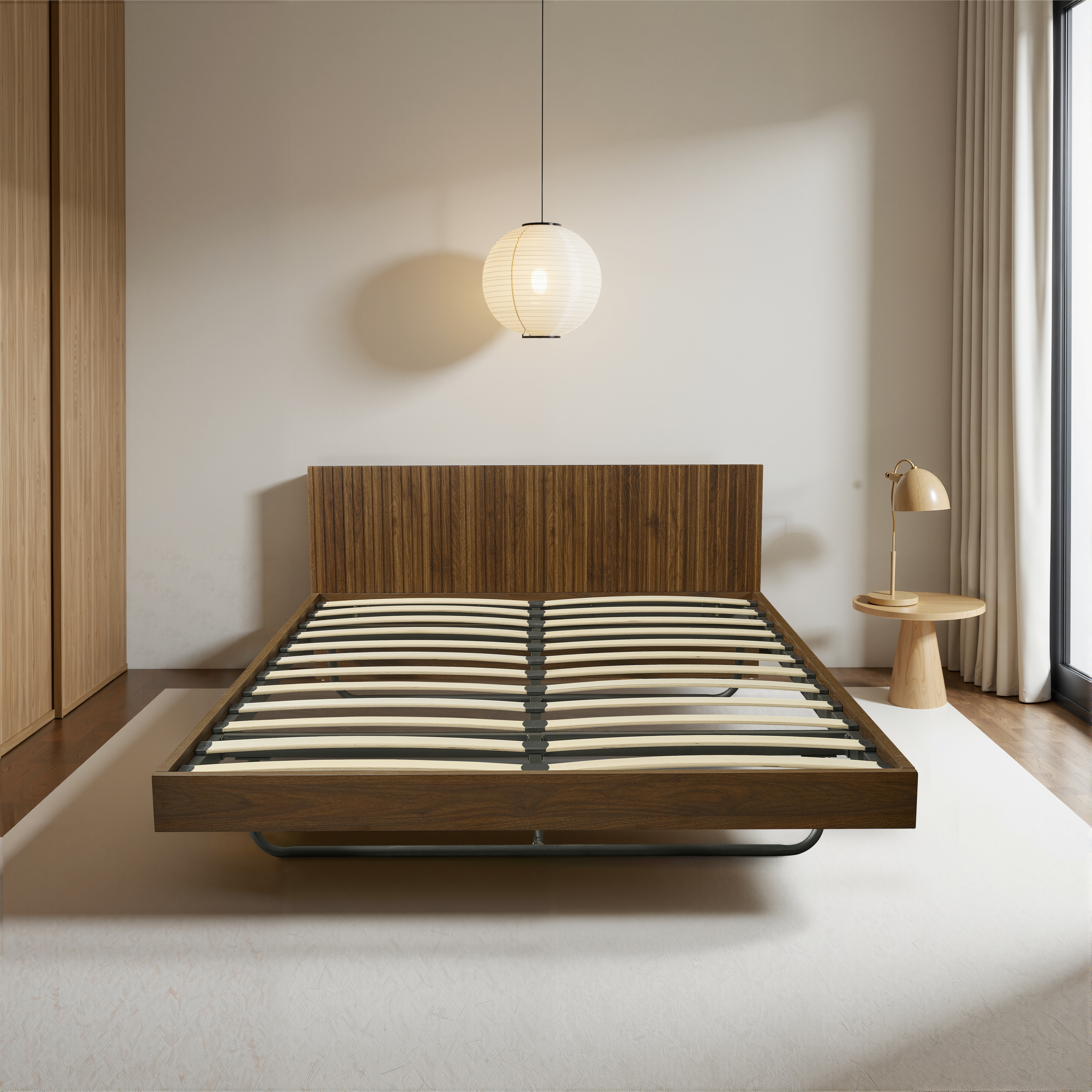 【国内発送】571【新作】セミダブル ウォールナット色 収納付き コンセント付き USBポート付き 和風 おしゃれ ベッドフレーム 頑丈 シンプル すのこ 耐荷重 子供ベッド 子供部屋 大人用 【SD