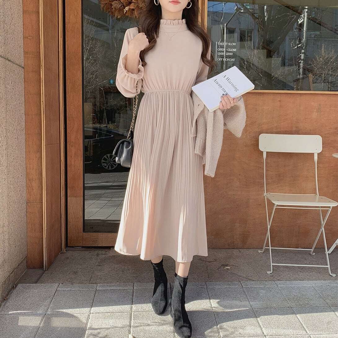【送料無料】レディース 冬服 立襟 ロング ワンピース OLワンピ ハイネック フリル
