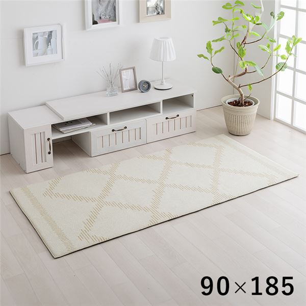 ラグ カーペット ベニワレン柄 シンプル 撥水 手洗い ボリュームラグ ホットカーペット対応 床暖房対応 アイボリー 約90x185cm