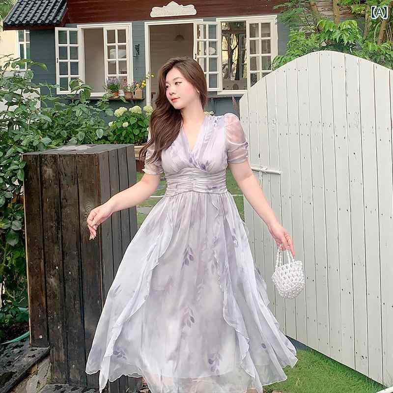 ぽっちゃり ファッション レディース おしゃれ 体型カバー せん スリム aライン スカート 大きめサイズ 夏 軽量 涼しい 涼しい 涼しい Vネック フェアリー 花柄 スカート