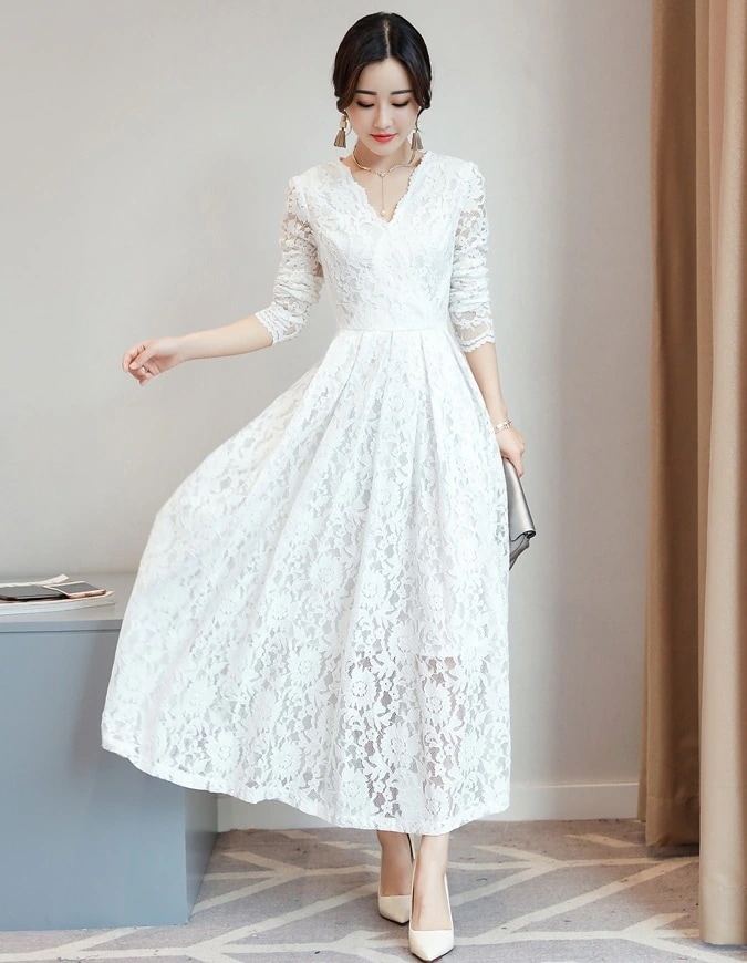 ワンピース ドレス 白 黒 水色 ピンク レディース ロング 長袖 Vネック 結婚式 パーティー Aライン レース 透け感 フォーマル 大人可愛い きれいめ フェミニン 上品 M L XL 2XL