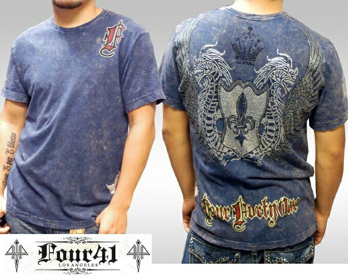 Four41 Los Angeles フォーフォーティーワン メンズ ラインストーン Tシャツ ツインドラゴン ネイビー k-77 スワロフスキー インポート セレブ ブランド ストリート LAセレブ