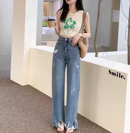 レディース パンツ ボトムス Gパン ロングパンツ ロング ストレート Iライン ファスナー ポケット ハイウエスト ボタン ダメージ ウォッシュ デニム ブルーデニム かわいい 大人可愛い きれいめ