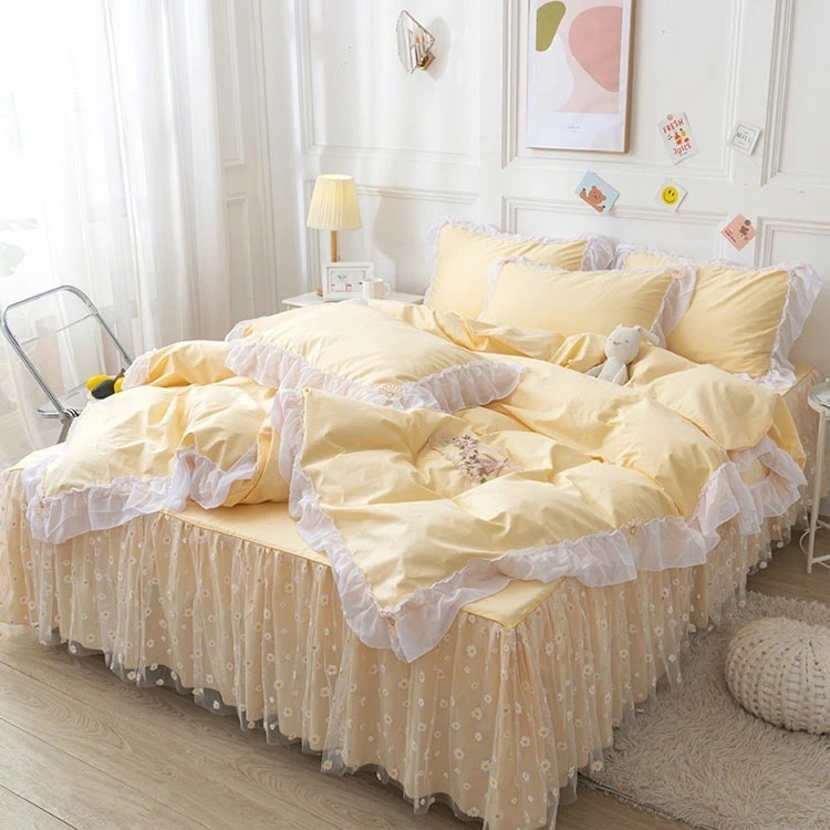 【TIME HOLDER】布団カバーセット 花柄 フリル 姫系 レース オシャレ 掛け布団カバー 3点セット 4点セット 寝具カバーセット 綿100％ イエロー 通気性 速乾 防ダニ 洗濯可 敷きカバ