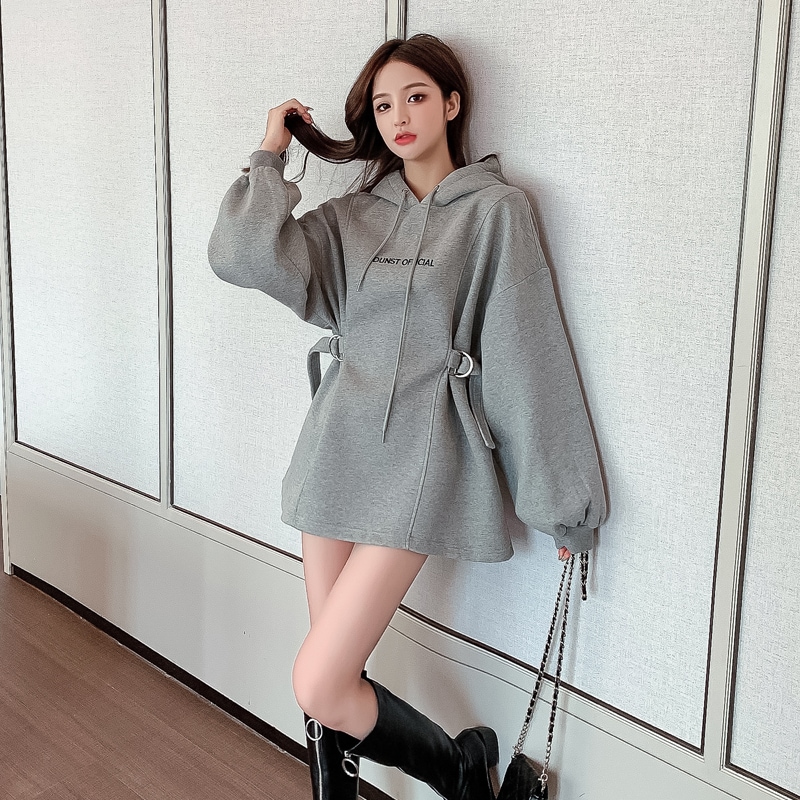 プルオーバーパーカートップス トレーナーワンピース ミディアム丈 袖あり ボリューム袖 フード