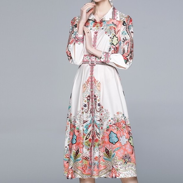 ワンピース レディース フレアスカート ミモレ丈 ミモレ 袖あり 長袖 襟付き スタンダードカラー