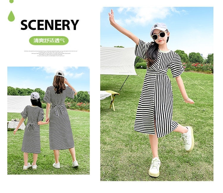親子服新型の親子服おしゃれな女の子ストライプTシャツ洋風ワンピース
