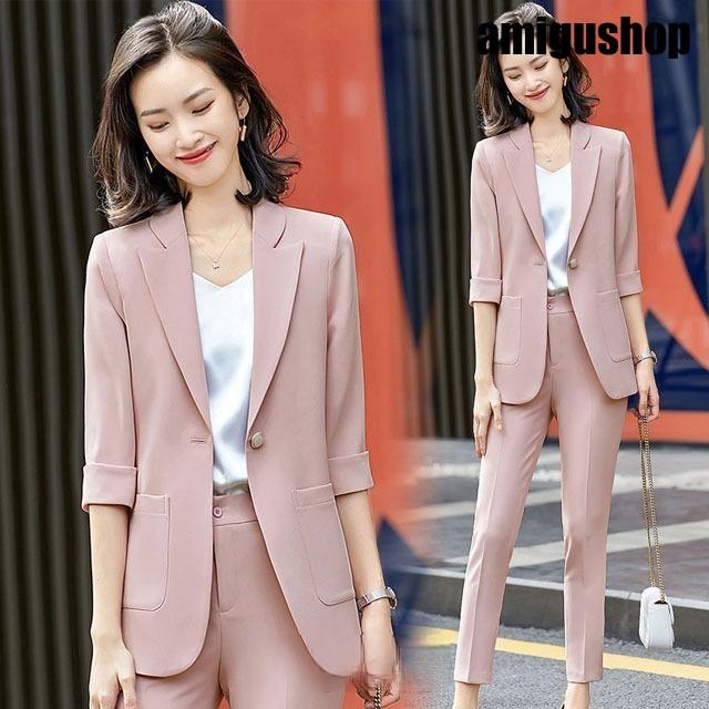 ピンク ジャケット レディース 夏 7分袖 テーラードジャケット 2点セット パンツスーツ 30代 40代 通勤 OL ブラック サマージャケット カジュアルスーツ 4,698円
