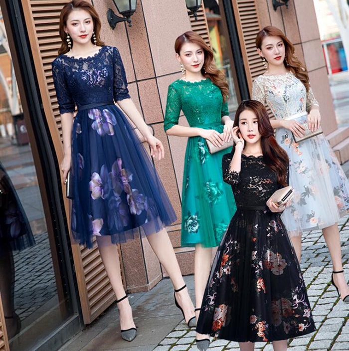 送料無料 パーティードレス Party dress 結婚式 ワンピース 花柄プリント　パーティドレス 結婚ドレス 演奏会 発表会 パーティードレス　花柄　レース　刺繍　大きいサイズXXL　二次会 花嫁