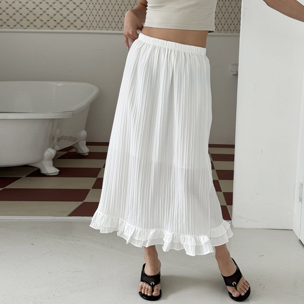 韓国ファッション シャーリングフリル プリーツ しわ バンディング ロング スカート