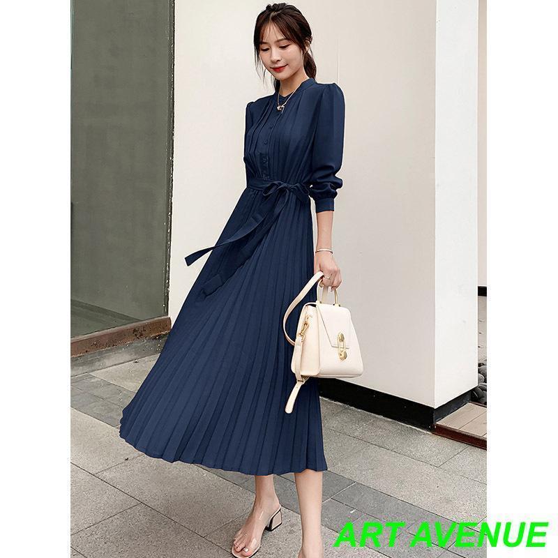ワンピース プリーツ プリーツワンピース レディース 春夏秋冬 長袖 ロングワンピース 大きいサイズ きれいめ Aライン シフォン シャツワンピ