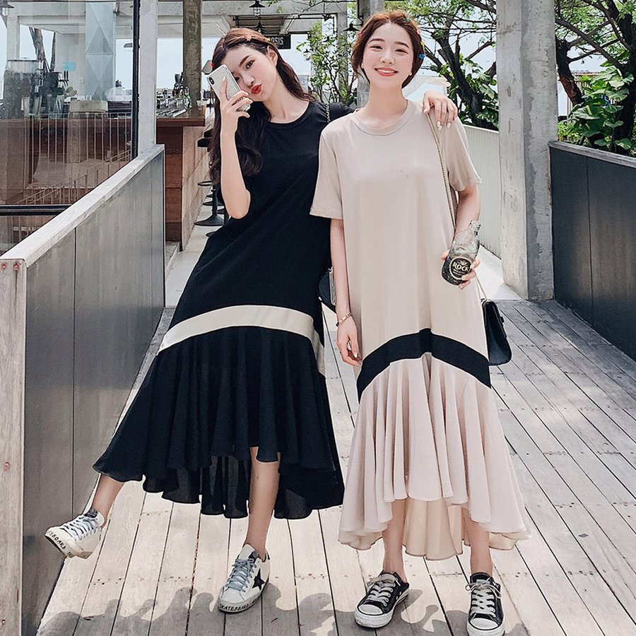 愛用 ワンピース レディース 40代 きれいめ マキシワンピース 春夏 半袖ワンピース カジュアル オシャレ韓国風 30代 ゆったり マーメイドスカート 黒 着痩せ