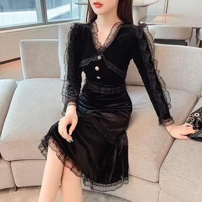 ワンピース デート ワンピドレス 膝丈 ひざ丈 ミモレ ミモレ丈 袖あり 長袖 Vネック スリム タイト 細身 レース かわいい 大人可愛い きれいめ シンプル カジュアル 大人 上品 おしゃれ