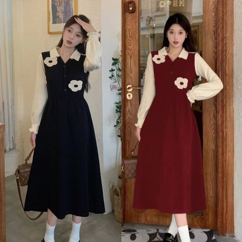 大きいサイズデザインセンス刺繍花フェイクツーピースニットワンピース女性ヘップバーンスタイル薄いロングスカート