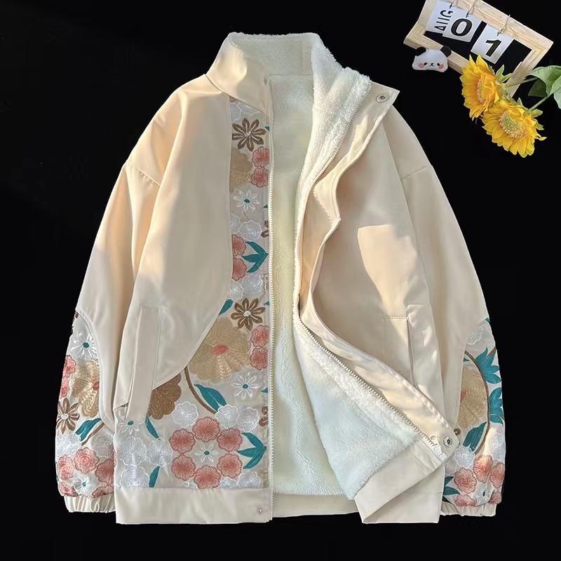 花柄刺繍ジャケット 裏起毛 レディース ジップアップパーカー 秋冬 チャイナ風スタジャン メンズ 男女兼用 スカジャン ムートンコート 5,503円