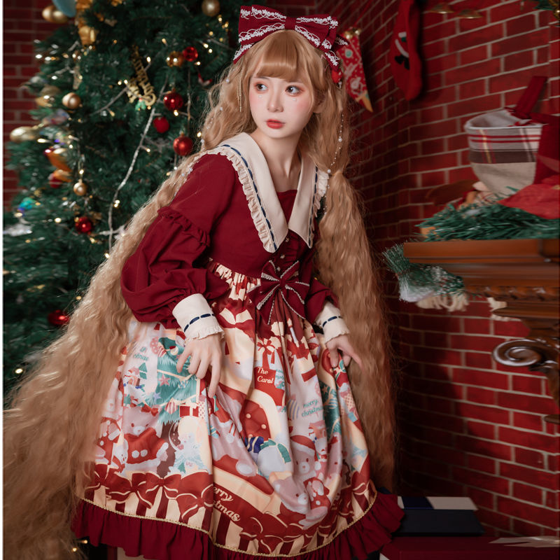 クリスマスベアスカートop甘い系かわいい高腰クリスマスロリータ洋服プリンセススカート