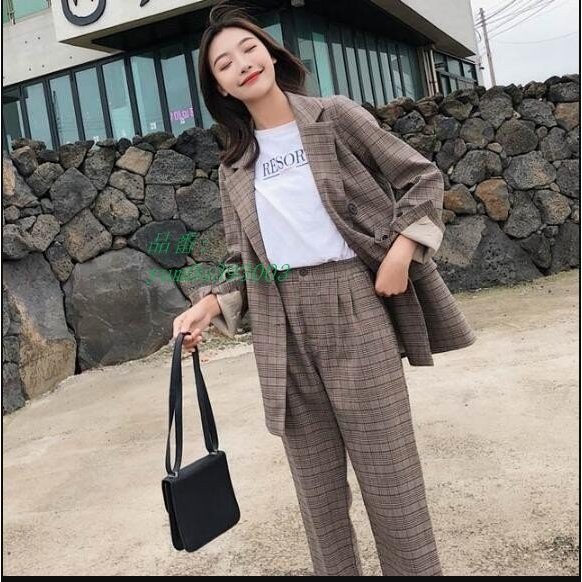 チェック柄 サラリーマン 上下セット パンツスーツ スーツセット 通勤 オフィス 韓国風 ビジネス