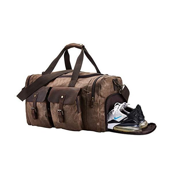 BRASS TACKS Leathercraft Men s Waxed Canvas Vintage Overnight Duffel Weekend Bag with Shoes Compartm