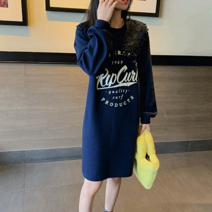 トレーナー ワンピース レディース 膝丈 無地 ロゴ 長袖 ビックカラー フリル カジュアル かわいい レトロ 春 秋 ワンピ ドレス ラウンドネック 大人可愛い 紺 ネイビー ユニーク 甘辛 おしゃ