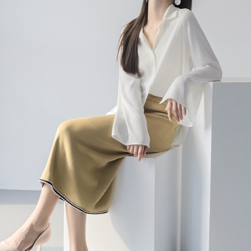 5色 スカート 春 秋 きれいめ レディース ペンシルスカート ニットスカート ミモレ丈 ミディアム丈 無地 ハイウエスト 黒 ブラック 青 ブルー 緑 グリーン ベージュ イエロー カラバリ 大人可