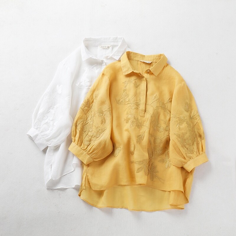 ４色 レトロ風 トップス シャツ ブラウス チュニック 夏 春 秋 かわいい きれいめ カジュアル ゆったり 長め 七分袖 ぽわん袖 バルーンスリーブ レギュラーカラー フレア セミフレア 刺繍 シフ