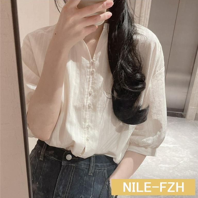 シャツ ブラウス レディース 春 夏 春夏 白色 綿麻 オフィス おしゃれ 無地 立ち襟 五分袖 パフスリーブ トップス