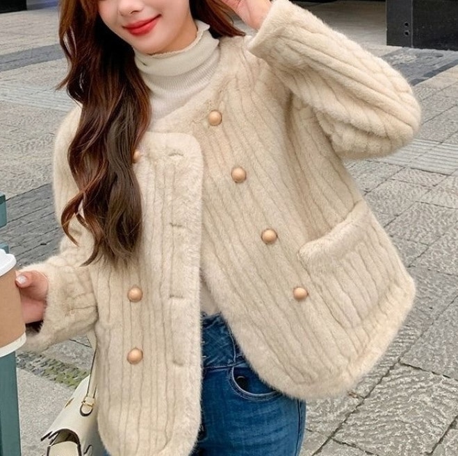 新しい冬用女性用ファーコートラウンドネックダブルブレストイミテーションミンクファー縦粒ファーワンピースラムヘアスリミングトップ