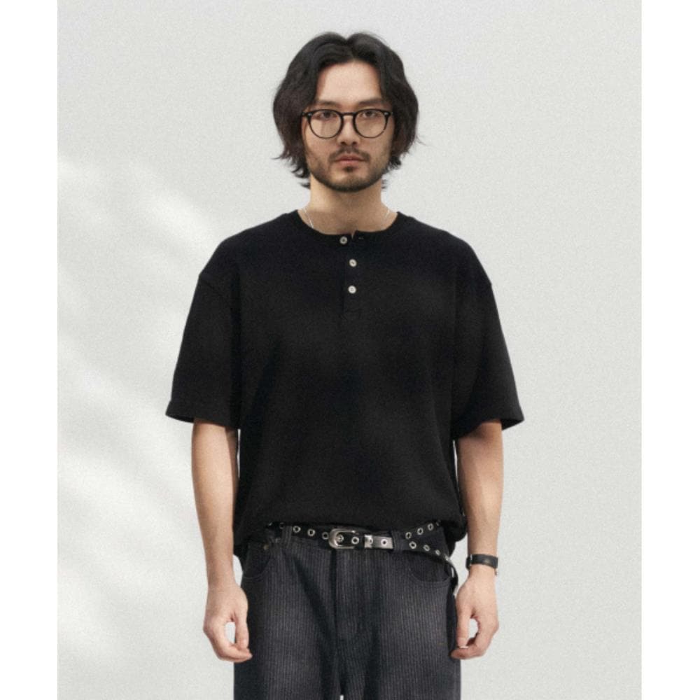 WMC Waffle Texture Henley Neck Short Sleeve T-Shirt BLAC
