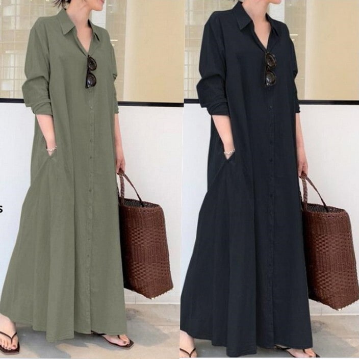 レディース ワンピース シャツワンピ 前開き マキシ 長袖 角襟 ワイド オーバーサイズ かわいい 大人可愛い シンプル カジュアル おしゃれ レトロ こなれ感 ラフ ベーシック ナチュラル