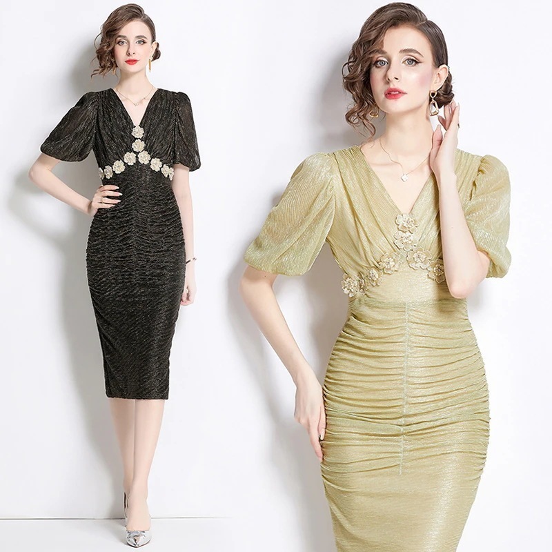 タイトワンピ スパンコール パーティードレス レディース ロングワンピース ひざ下丈 ミモレ丈 大きいサイズ 結婚式 ワンピース ドレス 袖あり 長袖 お呼ばれドレス Vネック 上品 長袖 きれいめ