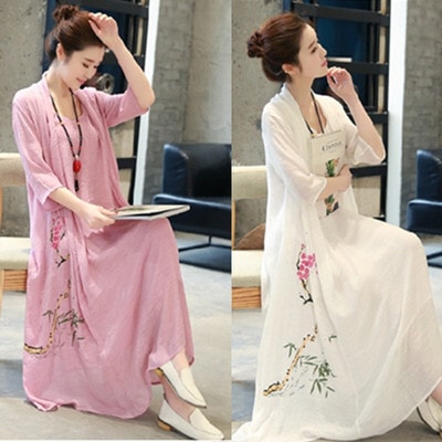 ワンピース ロングスカート ロング丈 マキシ丈 7分袖 七分袖 Uネック ラウンドネック フレア Aライン リネン きれいめ シンプル 大人 上品 おしゃれ アジアン エスニック 無地 春 夏