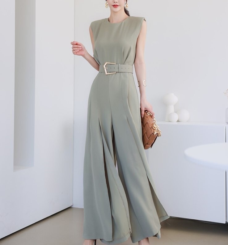 サロペット ワンピース ロング丈 ノースリーブ ウエストマーク スリット ラウンドネック Aライン