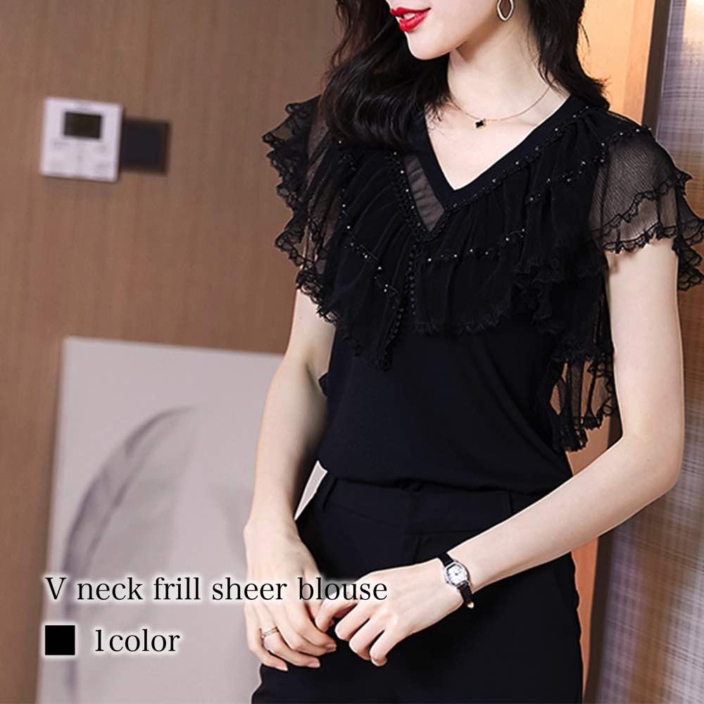ブラウス レディース Vネックフリルシアーブラウス 安い カットソー 事務服 春 フォーマル オフィス スーツ ノーアイロン レース カジュアル 50代 リボン 高品質 フリル 半袖 涼しい 大きいサ