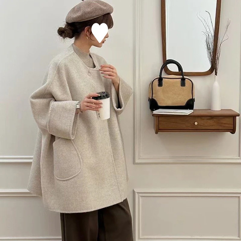 新作秋冬ラウンドネックミドル丈ヴィンテージケープスタイルゆったり両面カシミアコートレディース