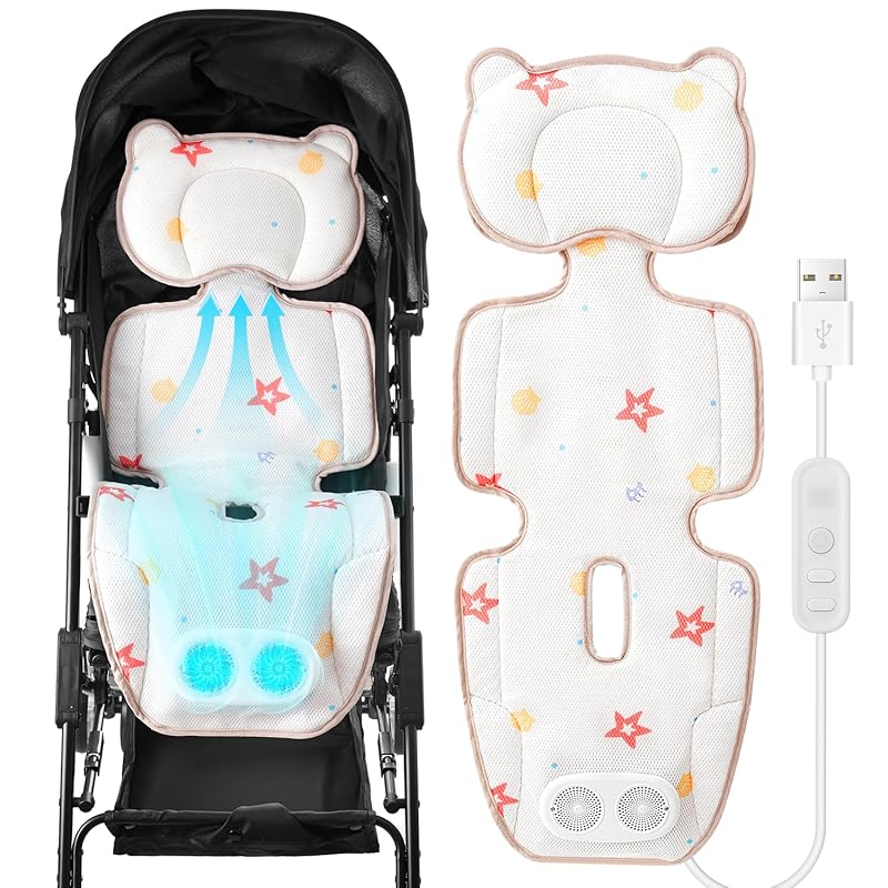 MoSpace ベビーカーシート 夏 冷感 送風 ファン付き 3段階風量 タイマー機能 取り外し可能なヘッドレスト USB電源 ベビーカー チャイルドシート 保冷 洗える 尻の蒸れを解消 ベビーカー
