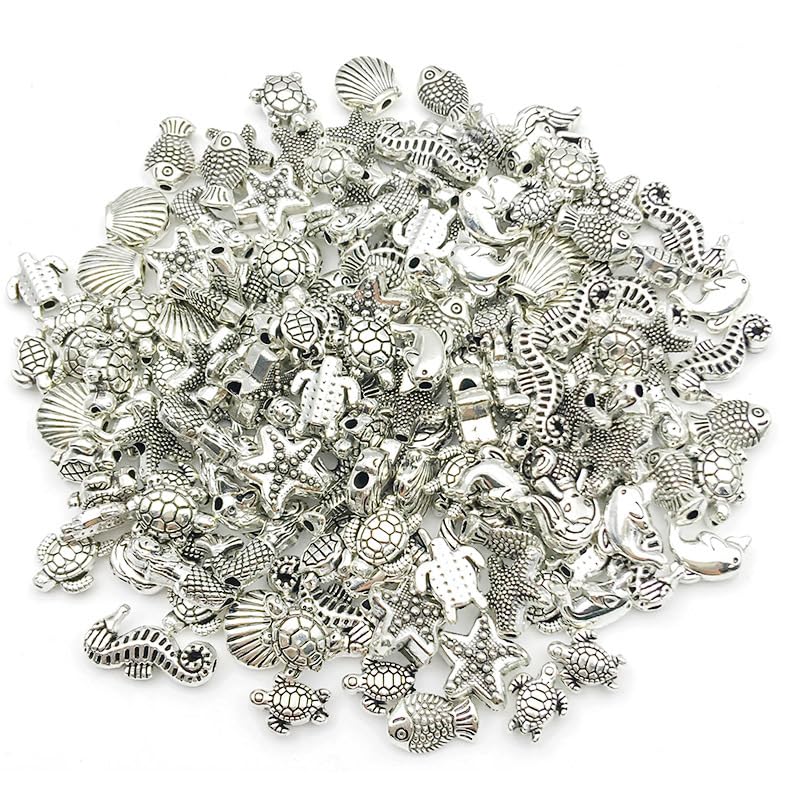 メタルパーツ海 貝殻 海馬 ヒトデ チャーム パーツ 封入素材 合金 レジン デコパーツ ネックレス ジュエリー用 DIY ハンドメイド パーツ アクセサリーパーツ 手作り シルバー (1100個)