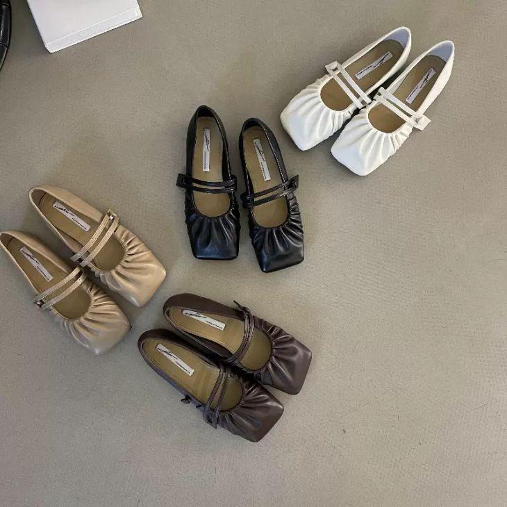 【韓国ins大人気】ギャザー パンプス フラットシューズ ストラップ スクエアトゥ ぺったんこ 靴 韓国ファッション【ashss24-196】【予約販売：15-20日】60込