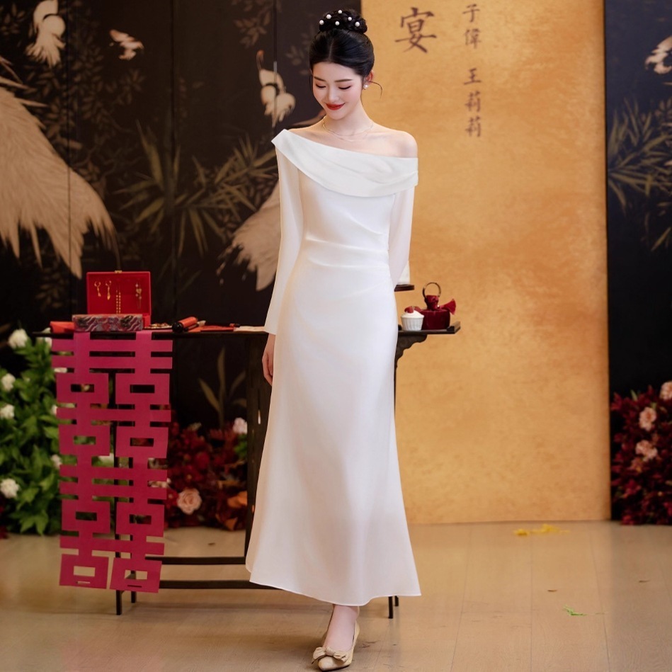 お呼ばれワンピース 結婚式ワンピース 着痩せ 結婚式ワンピース 結婚式ワンピース お呼ばれ 結婚式 ワンピース 1本肩・斜め肩の長袖白婚約ドレスデイリーウェアドレス旅行撮影用軽ウェディングドレス