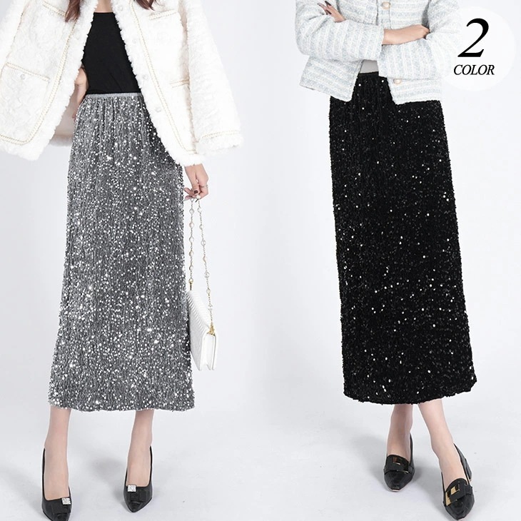 【2025新作 急速出荷】スパンコール ミモレスカート バックスリット ストレートスカート ミモレ丈 スカート ボトムス 可愛い カジュアル 秋 冬 きれいめ おしゃれ レディース 韓国ファッション